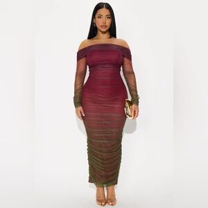 Ombre Mesh Maxi Dress - Off-Shoulder Burgundy and Olive Dress XL